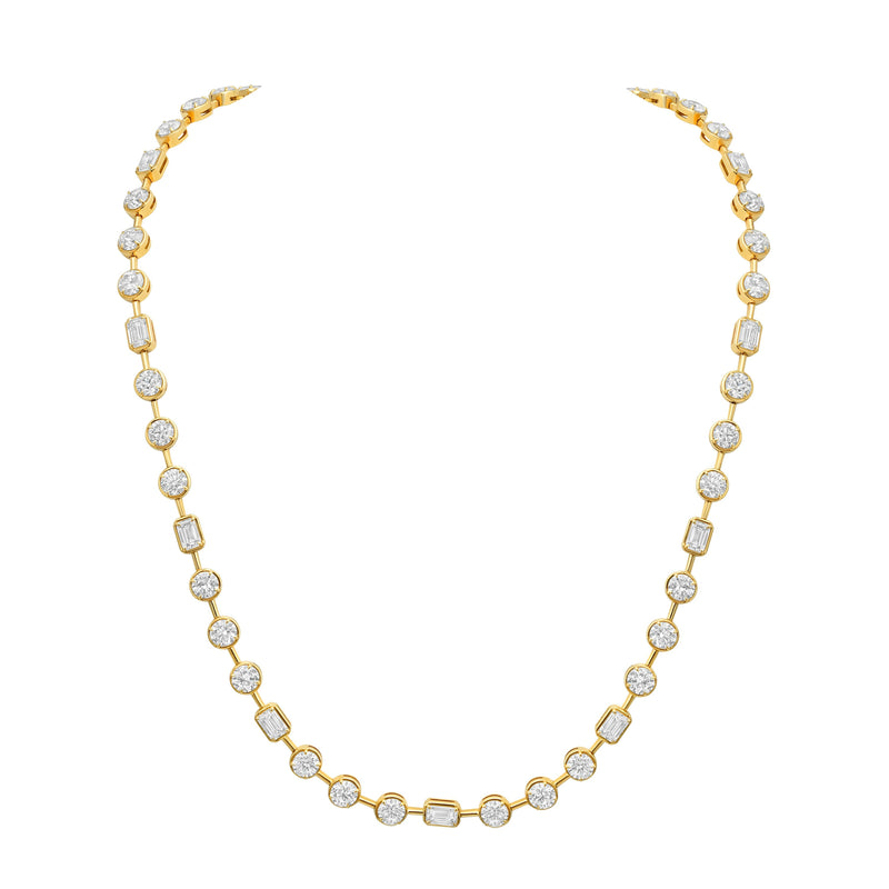 Bezel Set Emerald and Round Diamond Bar Necklace