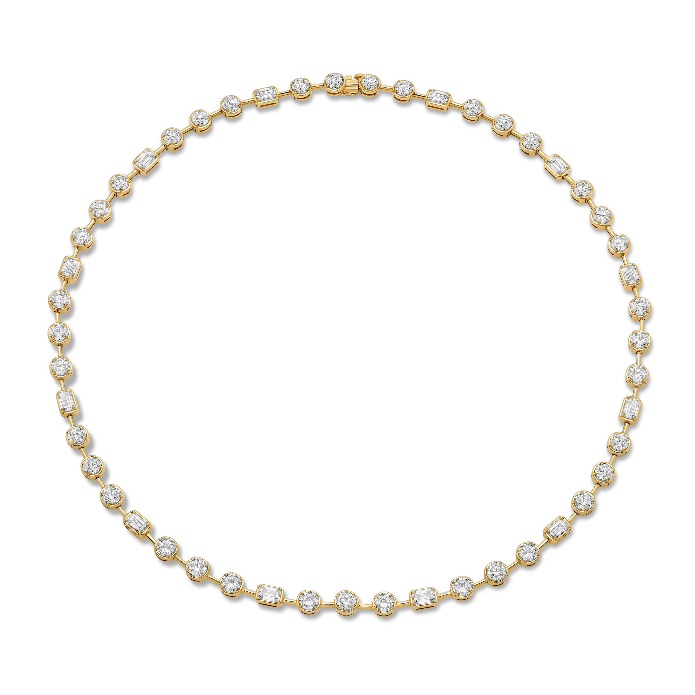 Bezel Set Emerald and Round Diamond Bar Necklace