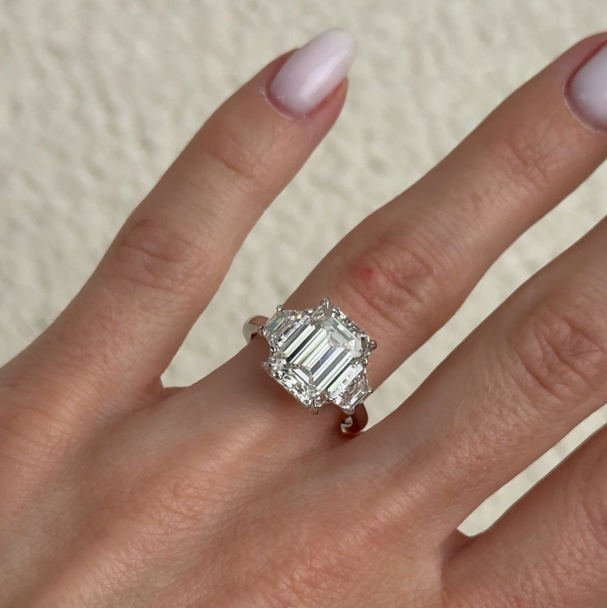 6.9 Carat Emerald Lab Grown Diamond Three-Stone Ring