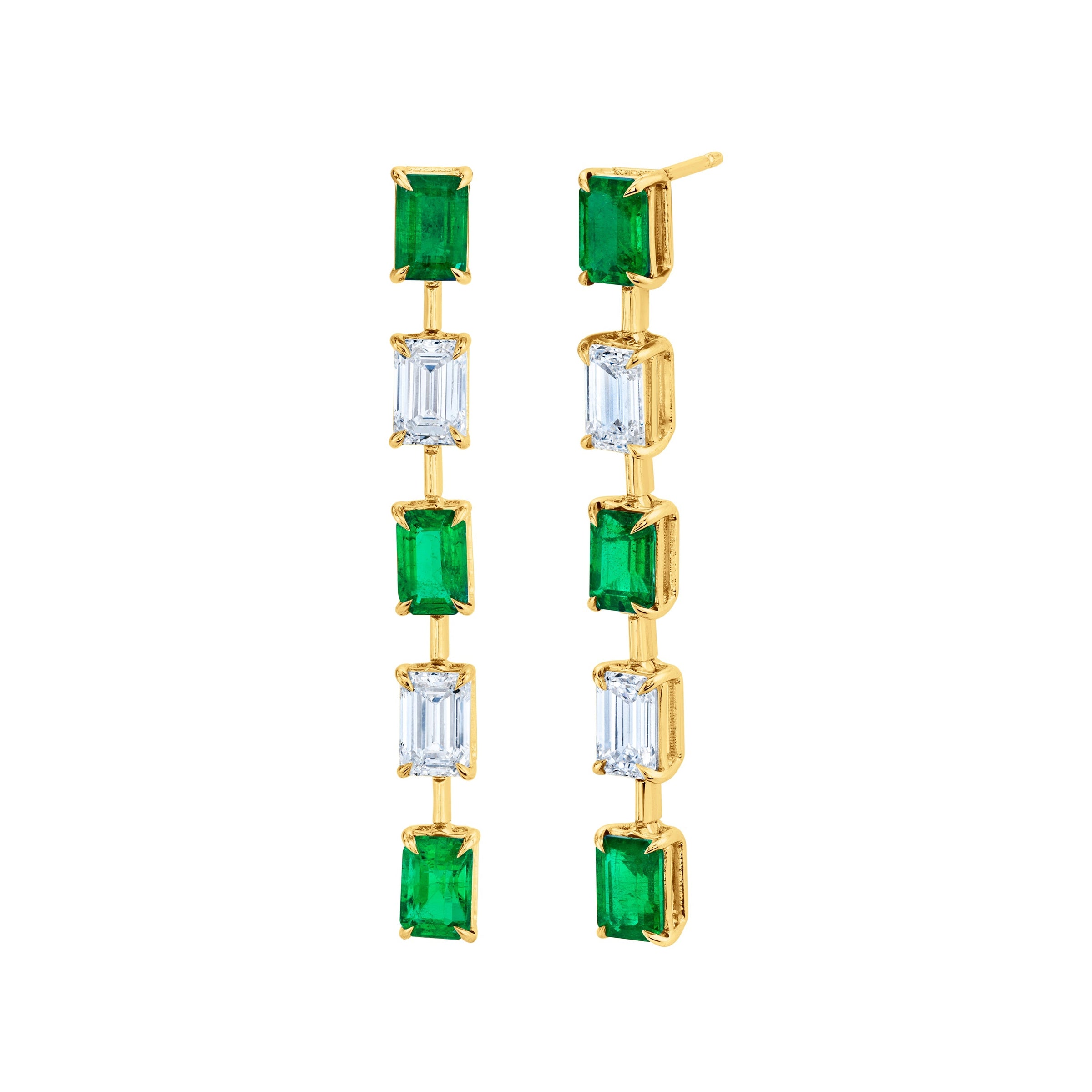 Green Emeralds and Emerald-cut Diamond Earrings