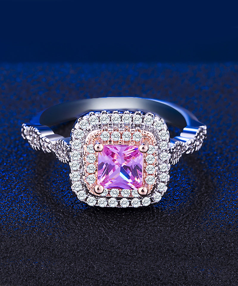 Pink Tourmaline Square Cut Asscher Pave Ring