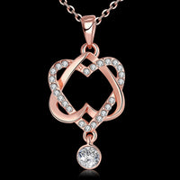 18K Rose Gold Plating White Swarovski Pave Interlocking Heart Necklace & Earrings Stud Set