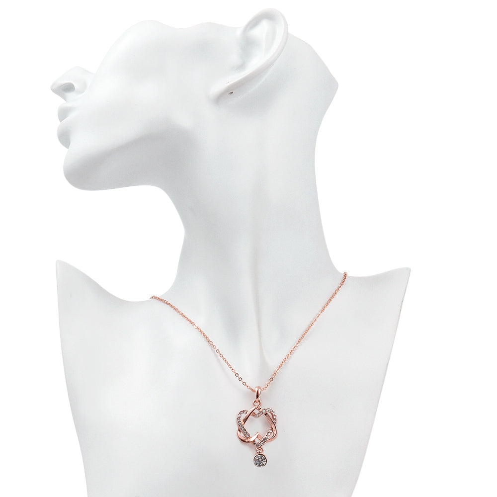 18K Rose Gold Plating White Swarovski Pave Interlocking Heart Necklace & Earrings Stud Set