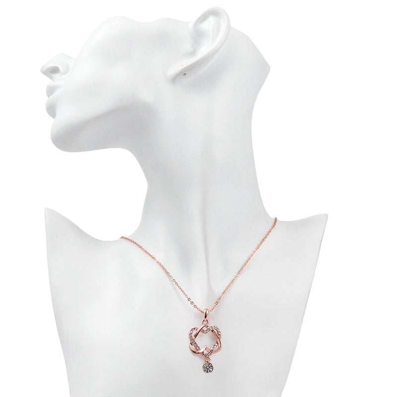 18K Rose Gold Plating White Swarovski Pave Interlocking Heart Necklace & Earrings Stud Set
