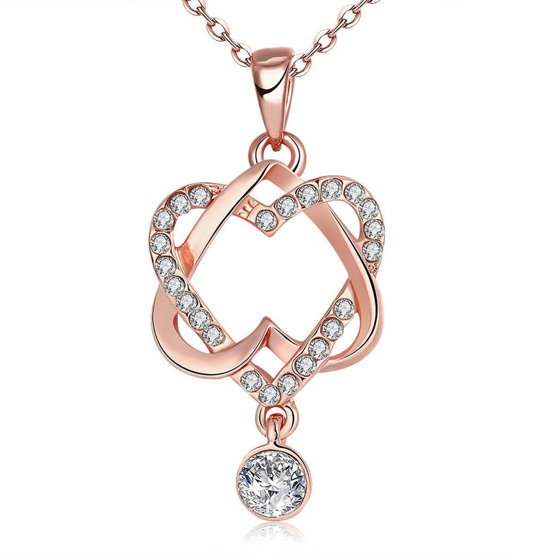 18K Rose Gold Plating White Swarovski Pave Interlocking Heart Necklace & Earrings Stud Set