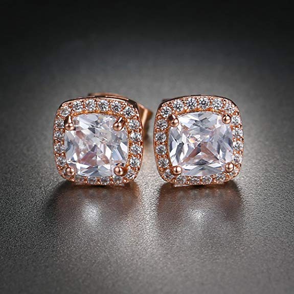 18K Rose Gold Plating White Swarovski Pave Interlocking Heart Necklace & Earrings Stud Set