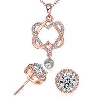 18K Rose Gold Plating White Swarovski Pave Interlocking Heart Necklace & Earrings Stud Set