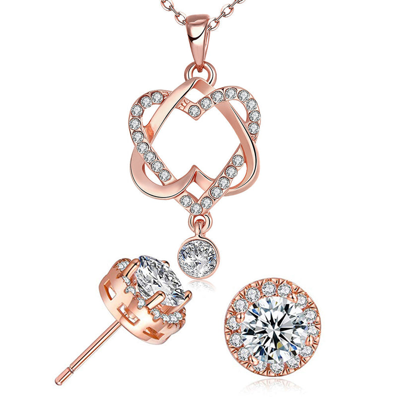18K Rose Gold Plating White Swarovski Pave Interlocking Heart Necklace & Earrings Stud Set