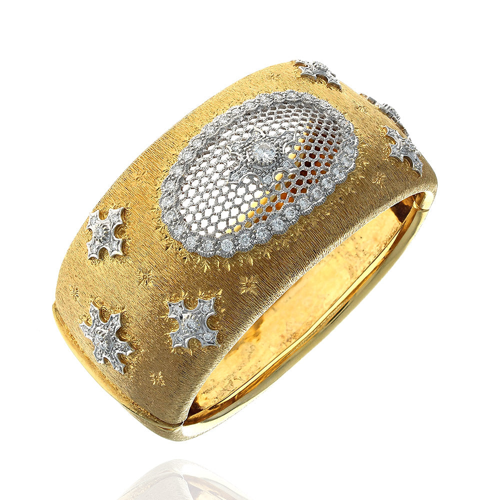 Vintage Diamond Snowflake Bangle Bracelet in Yellow and White Gold