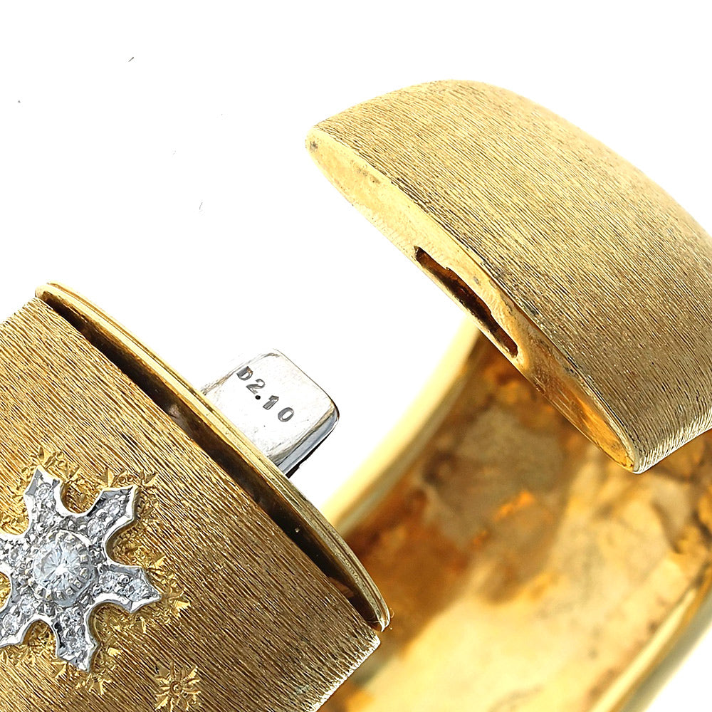 Vintage Diamond Snowflake Bangle Bracelet in Yellow and White Gold