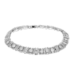 Round and Baguette Diamond Halo Link Inline Bracelet in White Gold