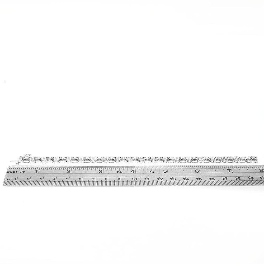 Round and Baguette Diamond Halo Link Inline Bracelet in White Gold