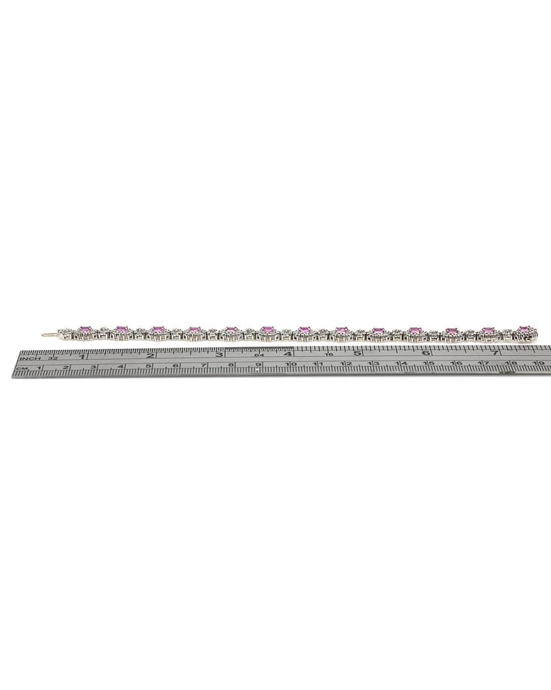 Alternating Pink Sapphire and Diamond Halo Flower Link Inline Bracelet in White Gold