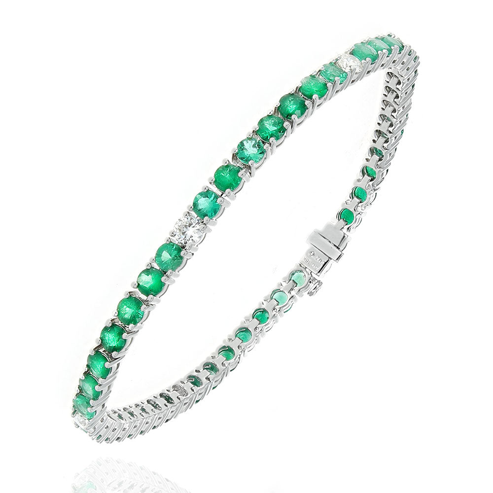 Emerald Inline Bracelet with Diamond Stations in White Gold