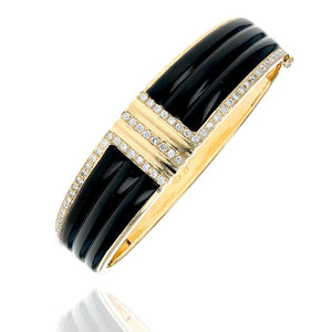 Black Onyx Panel and Diamond Bangle Bracelet in Yellow Gold