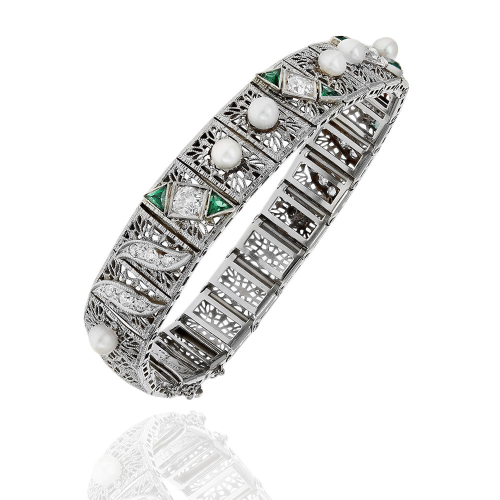 Vintage Diamond, Pearl and Synthetic Emerald Bracelet