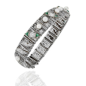 Vintage Diamond, Pearl and Synthetic Emerald Bracelet