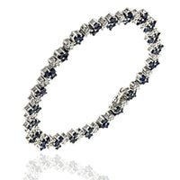 Alternating Blue Sapphire and Diamond Chevron Link Inline Bracelet in White Gold