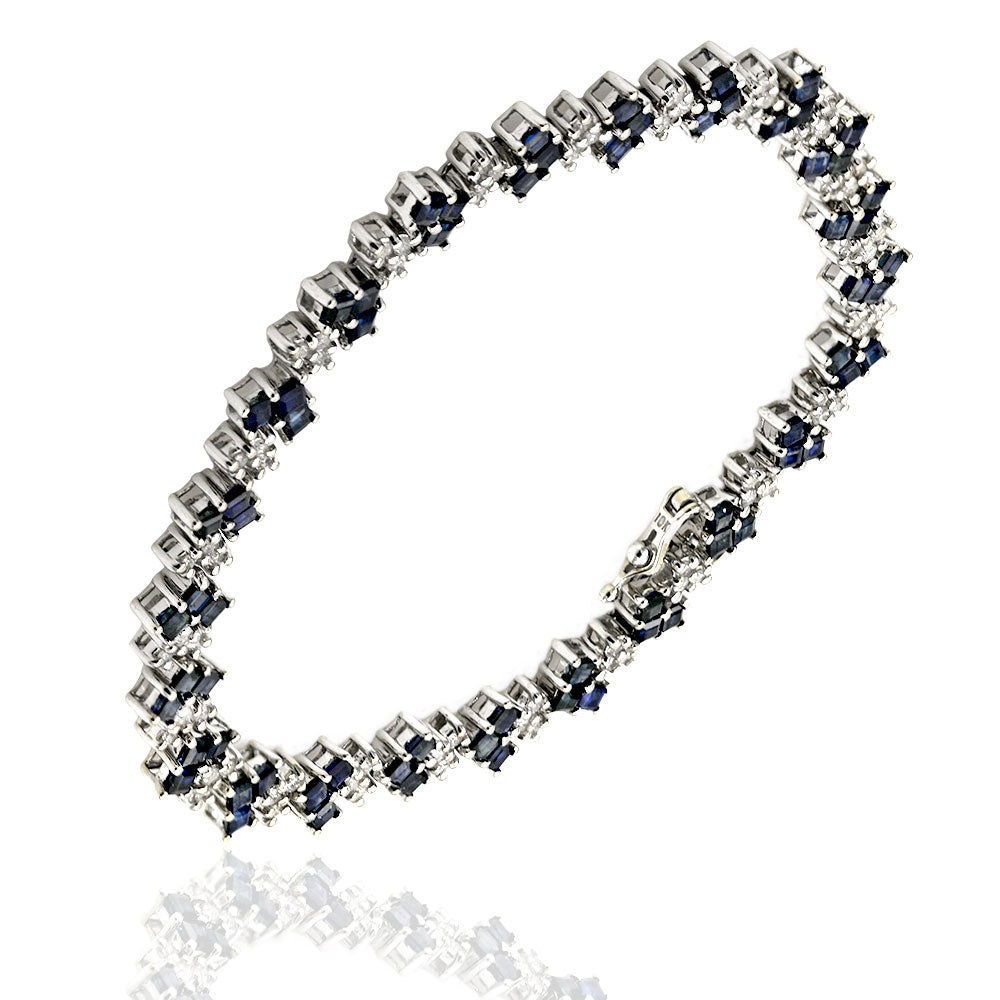 Alternating Blue Sapphire and Diamond Chevron Link Inline Bracelet in White Gold