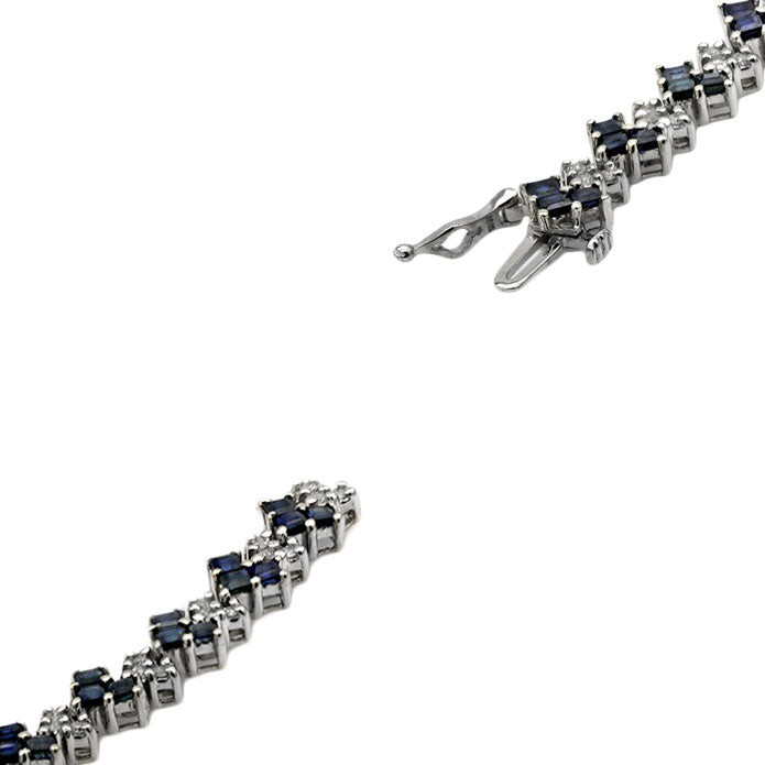 Alternating Blue Sapphire and Diamond Chevron Link Inline Bracelet in White Gold