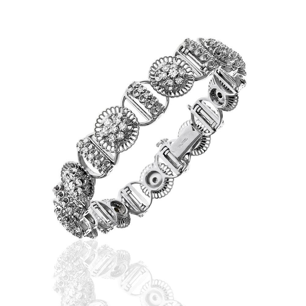 Alternating Diamond Frilled Halo and Diamond Bar Bracelet in White Gold
