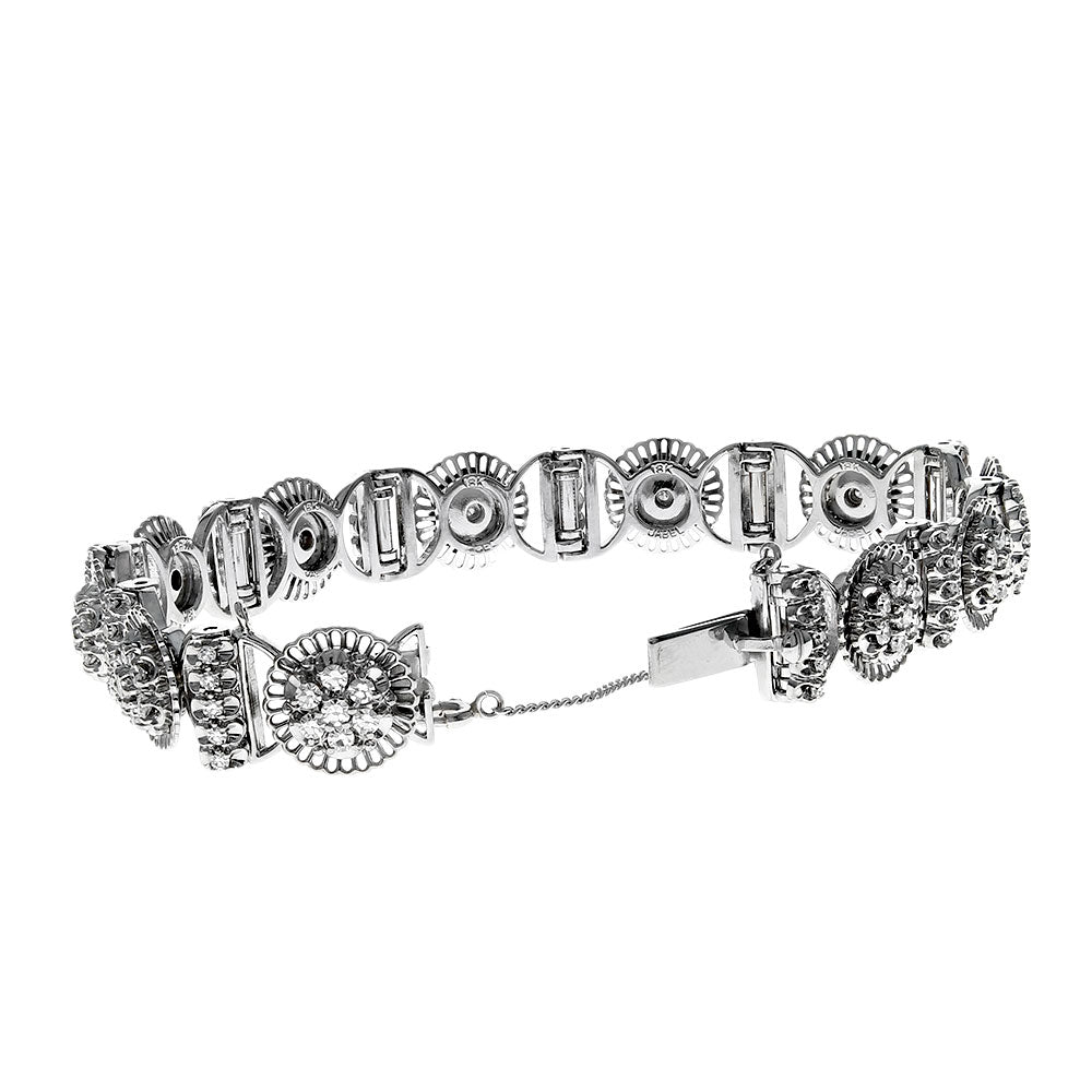 Alternating Diamond Frilled Halo and Diamond Bar Bracelet in White Gold