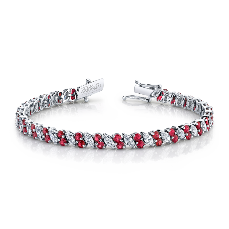 Tilted Marquise Diamond and Round Ruby Bracelet