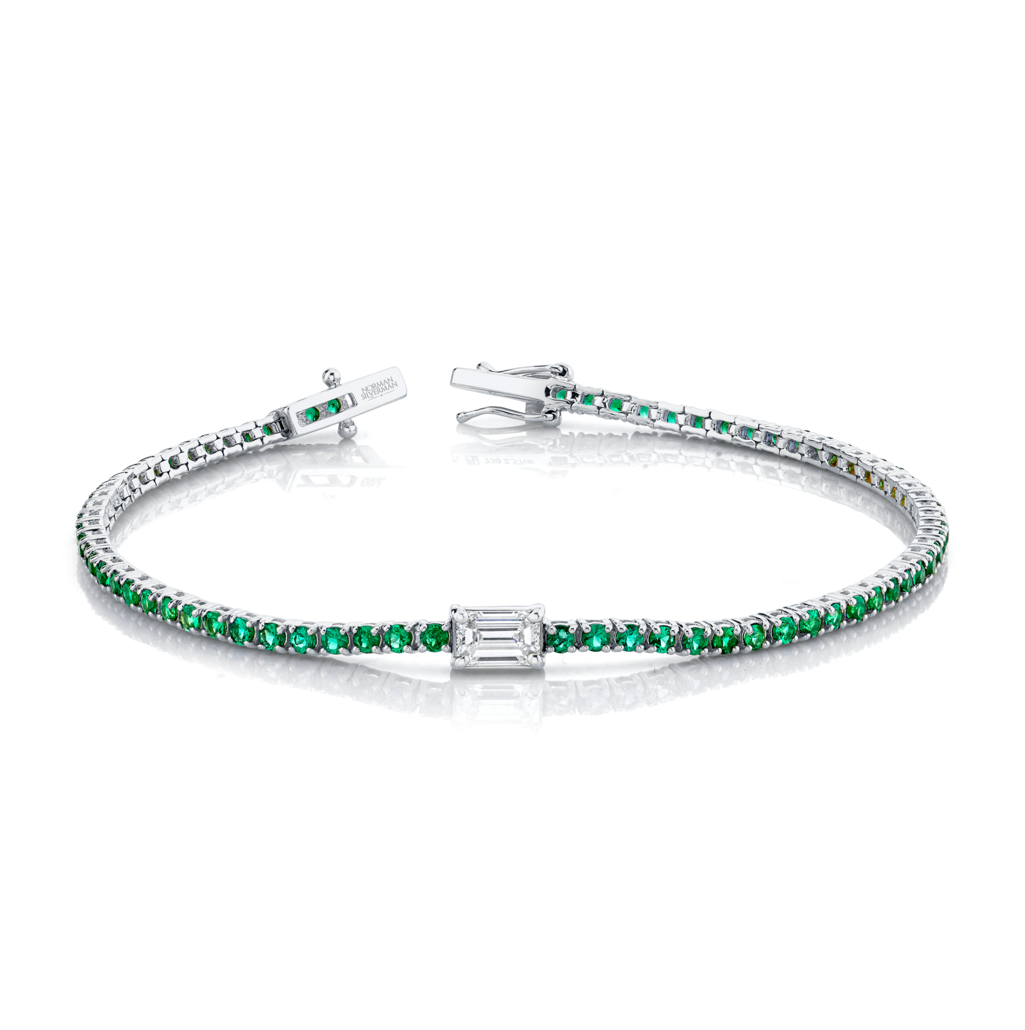 Straight Line Emerald Bracelet with Emerald Cut Diamond Center
