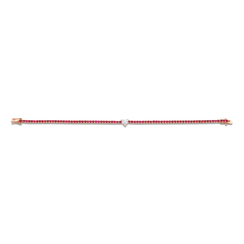 Straight Line Ruby Bracelet with Heart Diamond Center