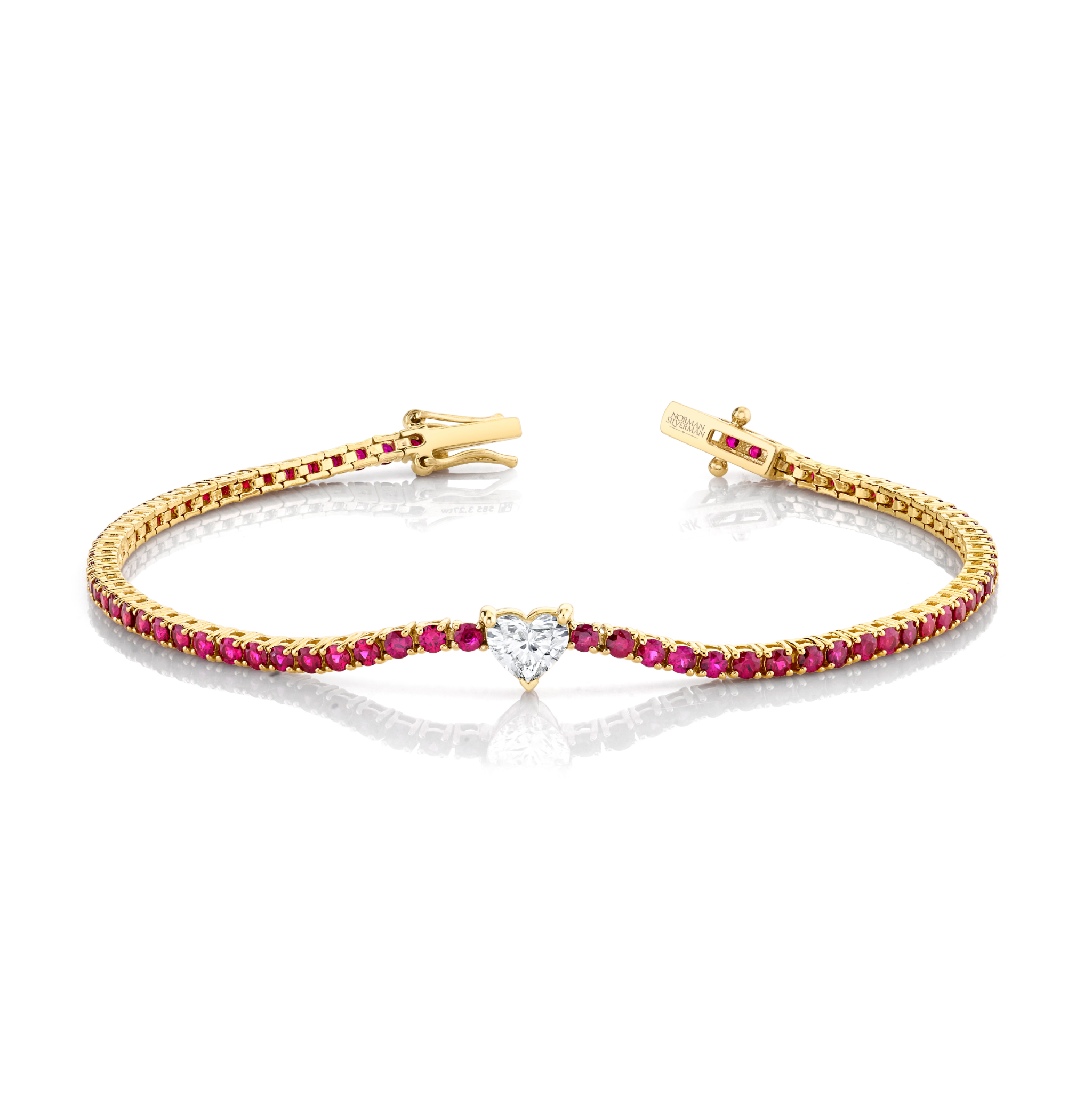 Straight Line Ruby Bracelet with Heart Diamond Center