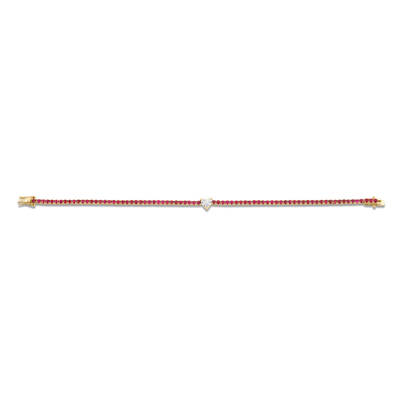 Straight Line Ruby Bracelet with Heart Diamond Center