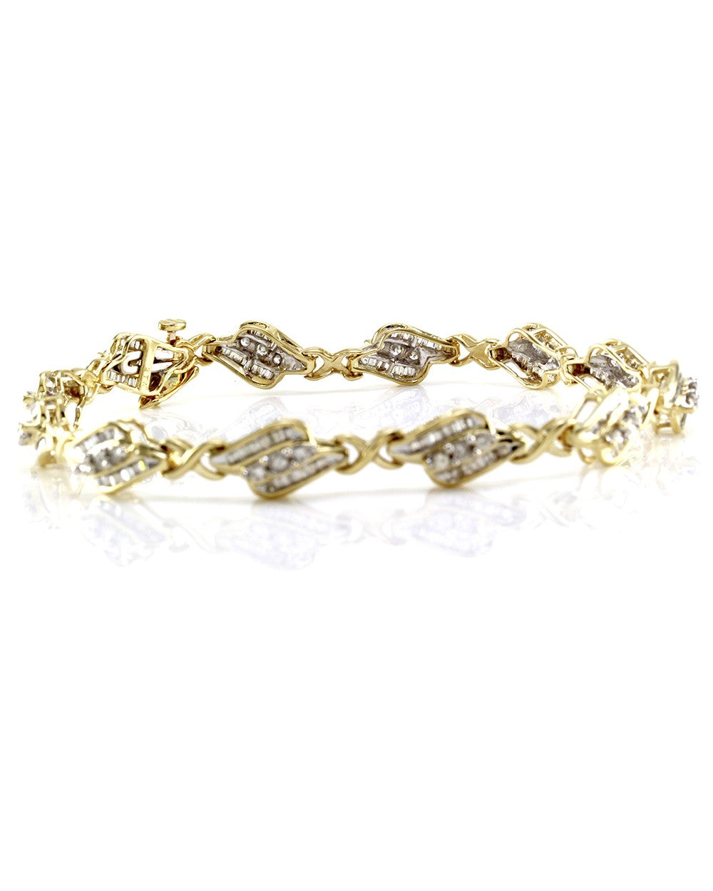 Round Brilliant & Baguette Cut Diamond Fancy Link Bracelet in 14K Yellow Gold