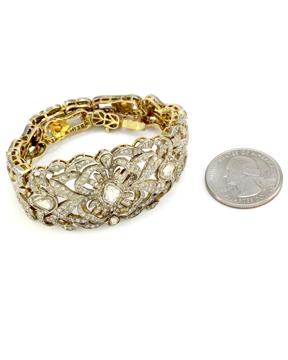 Edwardian Rose & Single Cut Diamond Bracelet in 14K Yellow Gold & Silver