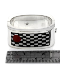 Zina Black & White Checkerboard Wide Bangle in Silver