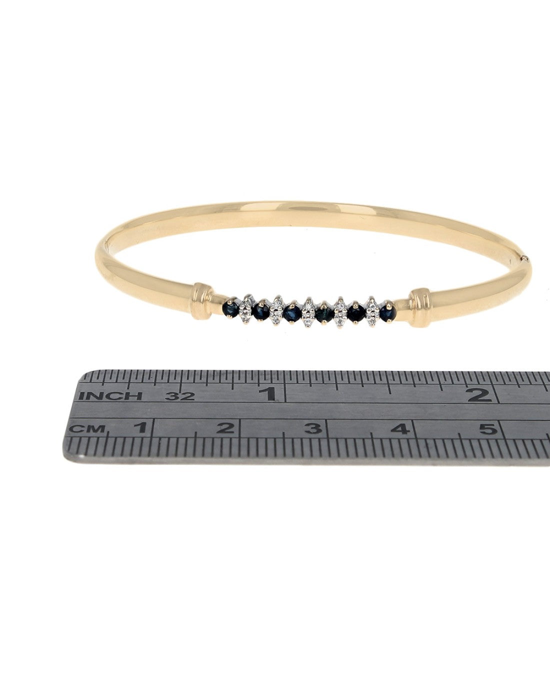 Alternating Blue Sapphire and Diamond Hollow Hinged Bangle Bracelet in Yellow Gold