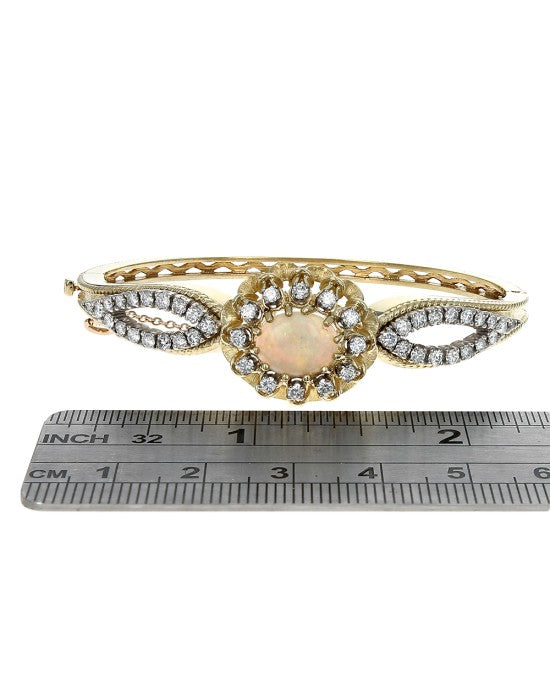 Ethiopian Opal and Diamond Halo Open Cut Hinged Bracelet in White and Yellow Gold