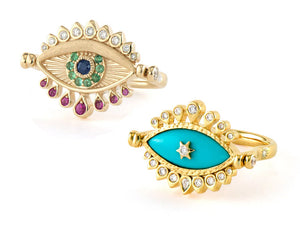 14KYG BEJEWELED TURQ, DIA, RUBY, EMER, SAP FLIP RING