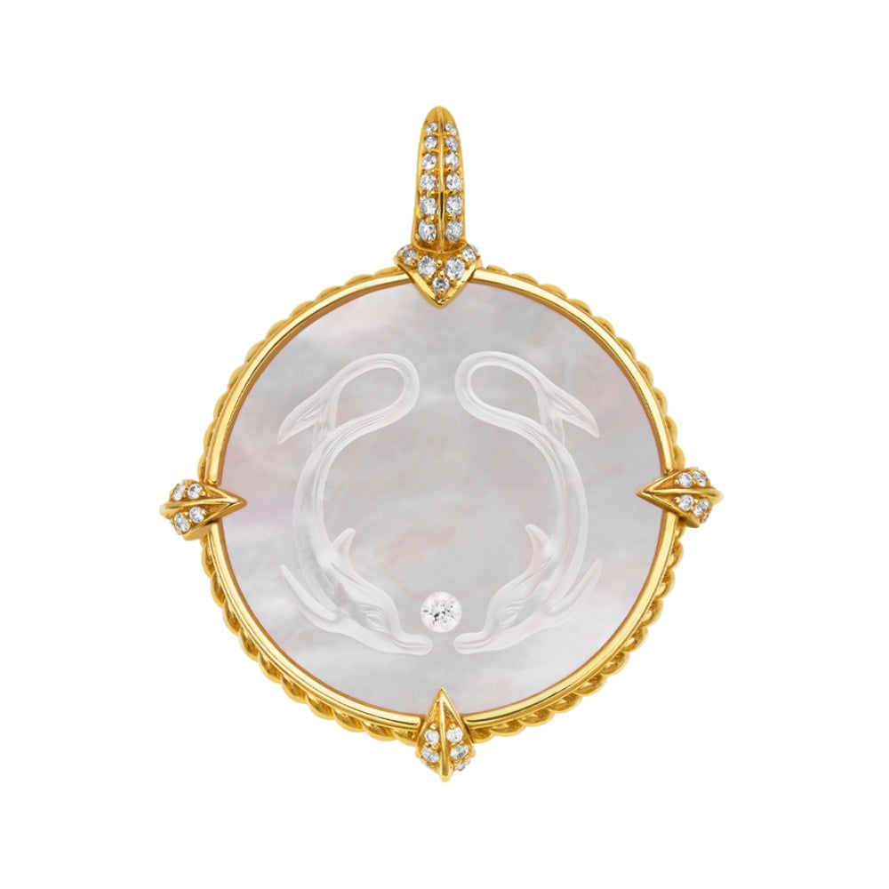 18KYG 23MM MOP/DIA DOLPHINS&PATTERN CHARM