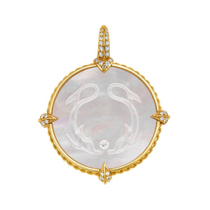 18KYG 23MM MOP/DIA DOLPHINS&PATTERN CHARM