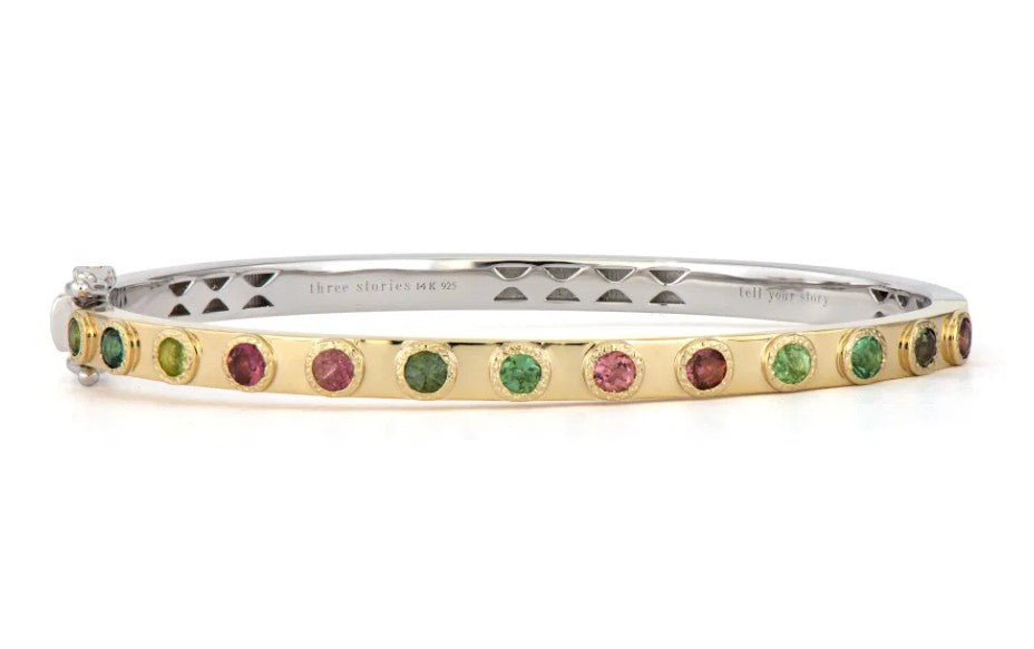 14KYG/STSLVR MULTI-COLOR TOURM, 0.46CT GSI DIA FLIP BANGLE
