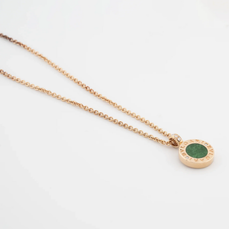Bulgari 18K Rose Gold  with Green Jade and Pave Diamonds Lady's Necklace