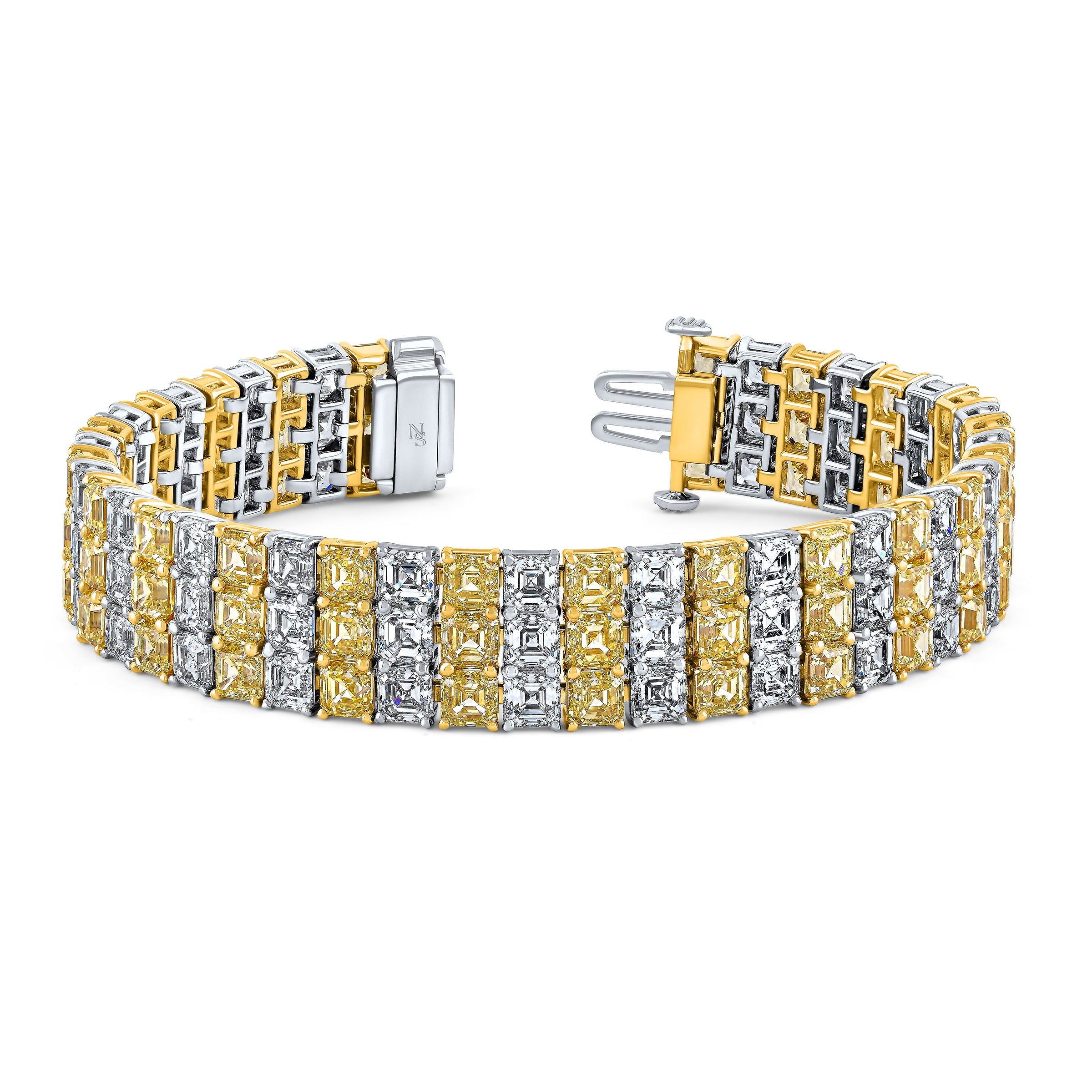 Three Row Alternating Yellow and White Diamond Bracelet