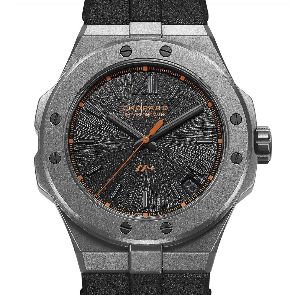 2025 Model Chopard Alpine Eagle SL Cadence 8HF 41mm Watch - Ref: 298600-3028 - Black Index Dial in Titanium Case, Black Rubber