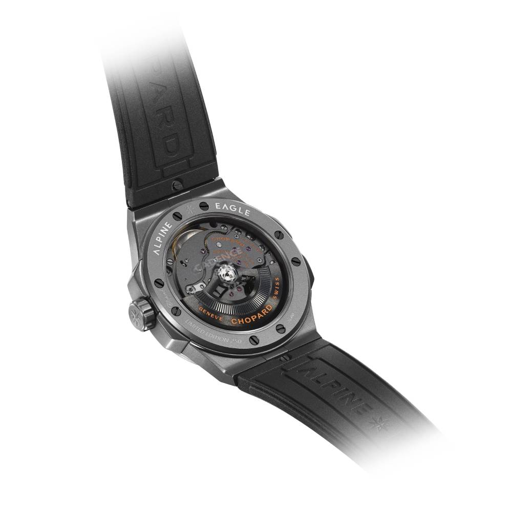 2025 Model Chopard Alpine Eagle SL Cadence 8HF 41mm Watch - Ref: 298600-3028 - Black Index Dial in Titanium Case, Black Rubber