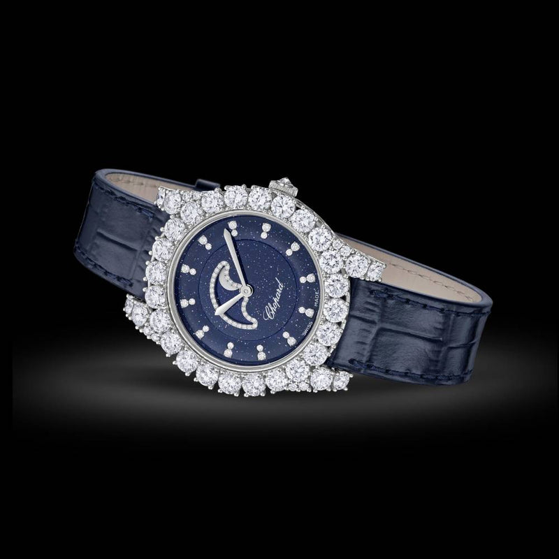 2025 Model Chopard L’Heure Du Diamant Moonphase 35mm Watch - Ref: 139445-1001 - Blue Diamond Dial in 18k White Gold Case, Blue Leather