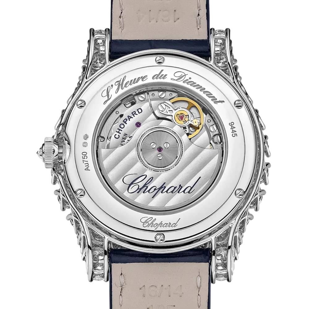 2025 Model Chopard L’Heure Du Diamant Moonphase 35mm Watch - Ref: 139445-1001 - Blue Diamond Dial in 18k White Gold Case, Blue Leather