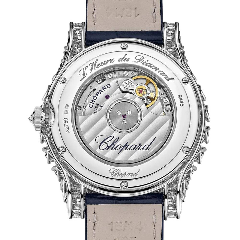 2025 Model Chopard L’Heure Du Diamant Moonphase 35mm Watch - Ref: 139445-1001 - Blue Diamond Dial in 18k White Gold Case, Blue Leather