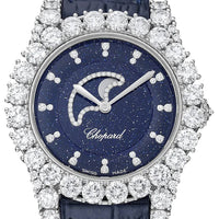 2025 Model Chopard L’Heure Du Diamant Moonphase 35mm Watch - Ref: 139445-1001 - Blue Diamond Dial in 18k White Gold Case, Blue Leather