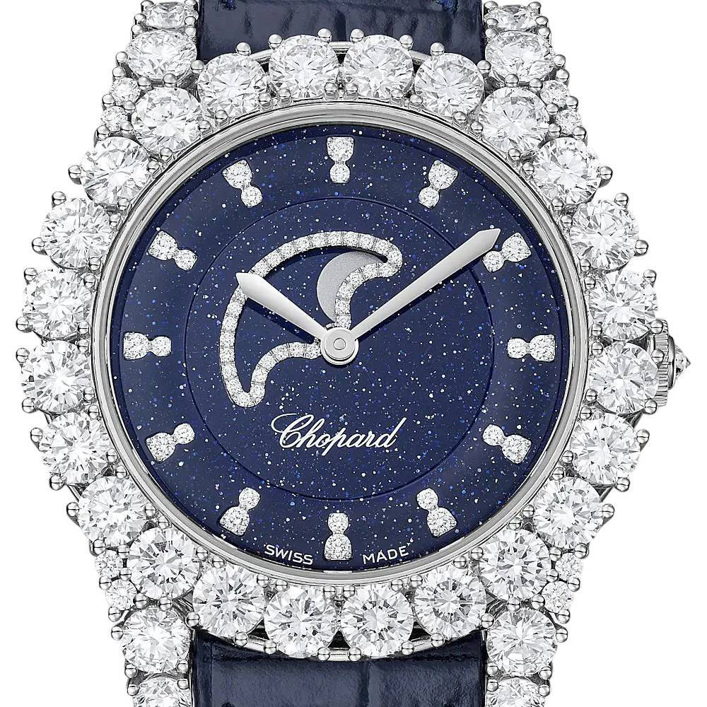 2025 Model Chopard L’Heure Du Diamant Moonphase 35mm Watch - Ref: 139445-1001 - Blue Diamond Dial in 18k White Gold Case, Blue Leather