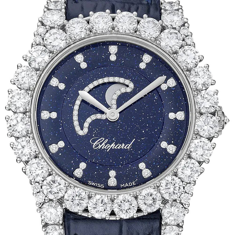 2025 Model Chopard L’Heure Du Diamant Moonphase 35mm Watch - Ref: 139445-1001 - Blue Diamond Dial in 18k White Gold Case, Blue Leather